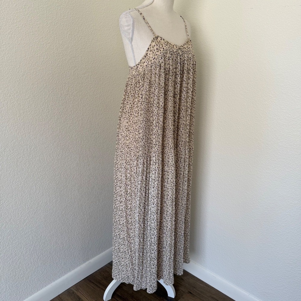 Pink Diamond Maxi Dress Women Large Tan Purple Floral Pleated Boho Summer